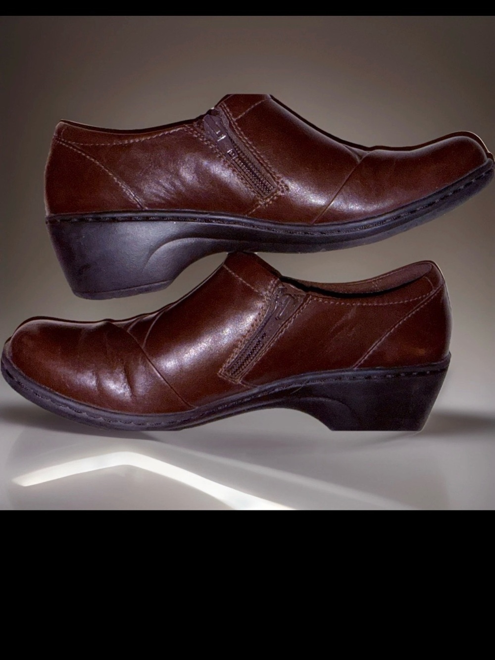 Clarks Channing Essa Brown Leather Zip Wedge 7.5 Shoes Slip On Loafers